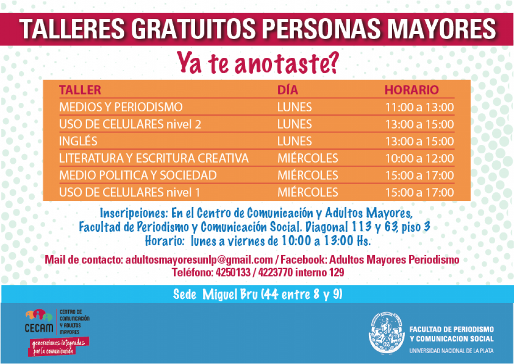 Talleres gratuitos para Personas Mayores