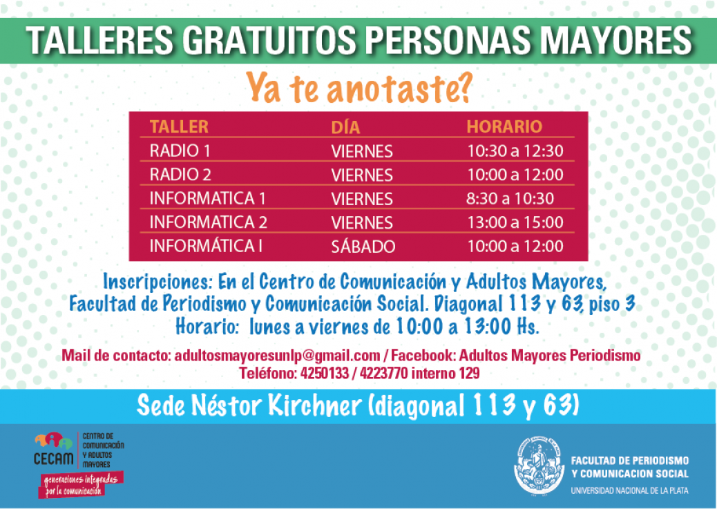 Talleres gratuitos para Personas Mayores