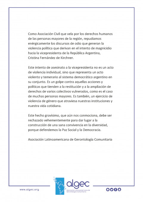 Comunicado y Repudio de algec ante el intento de magnicidio hacia la vicepresidenta de la República Argentina